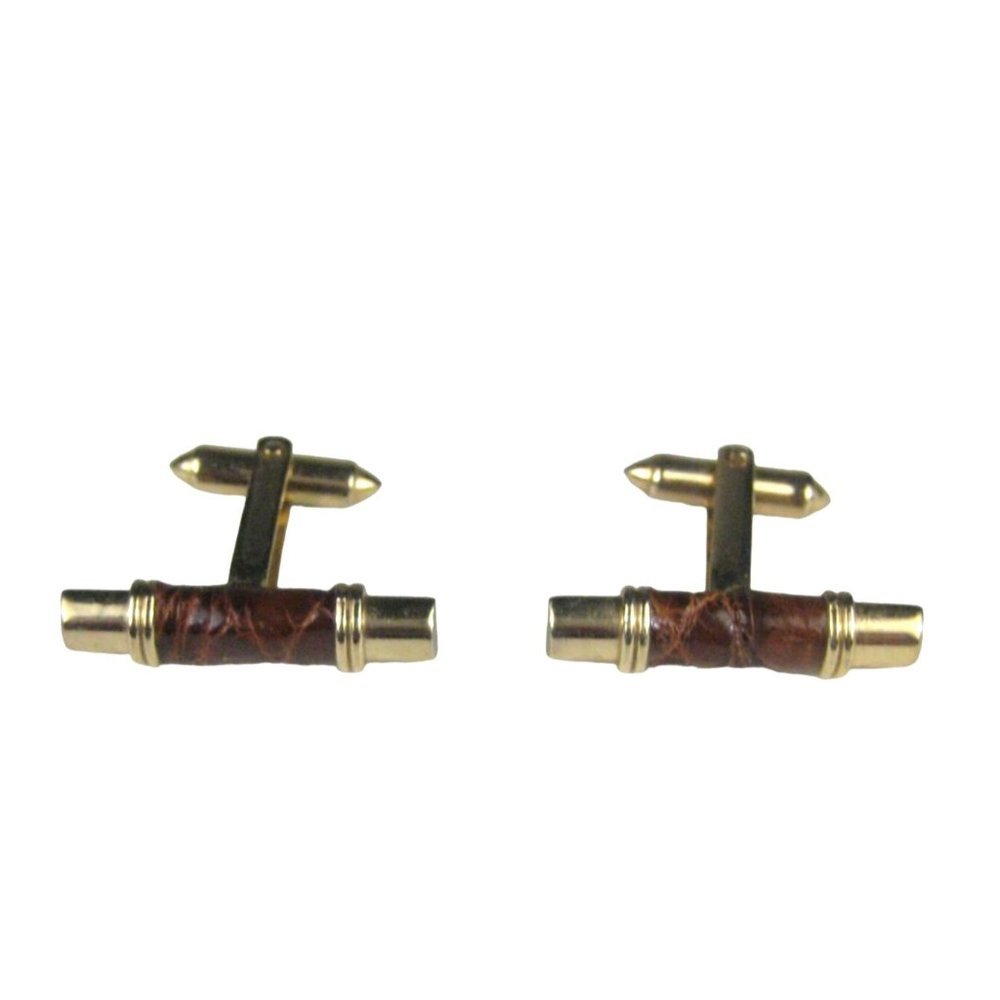 Leather Goldtone Set 2 Cufflink Vintage Bullet MCM MOD Midcentury Modern